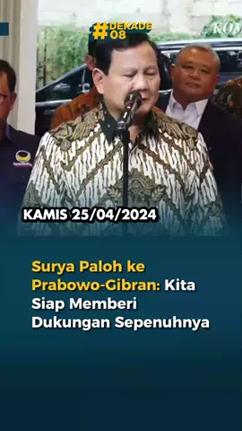 Presiden terpilih hasil Pilpres 2024 Prabowo Subianto menyatakan telah sepakat dengan Ketua Umum NasDem Surya Paloh untuk bekerja sama. Prabowo menyampaikan itu usai bertemu Surya Paloh dan jajaran elite NasDem pada Kamis (25/4). 