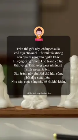 Trên thế giới này, chẳng có ai là chỗ dựa cho ai cả. Tốt nhất là không nên quá hi vọng vào người khác. Hi vọng càng nhiều, khó tránh có lúc thất vọng. Thất vọng càng nhiều, sẽ sinh ra oán trách. Oán trách nảy sinh thì thù hận cũng bắt đầu xuất hiện. Như vậy, cuộc sống này sẽ rất khó khăn. #xuhuong #trending #phatphap  #binhantrongchanhnniem 