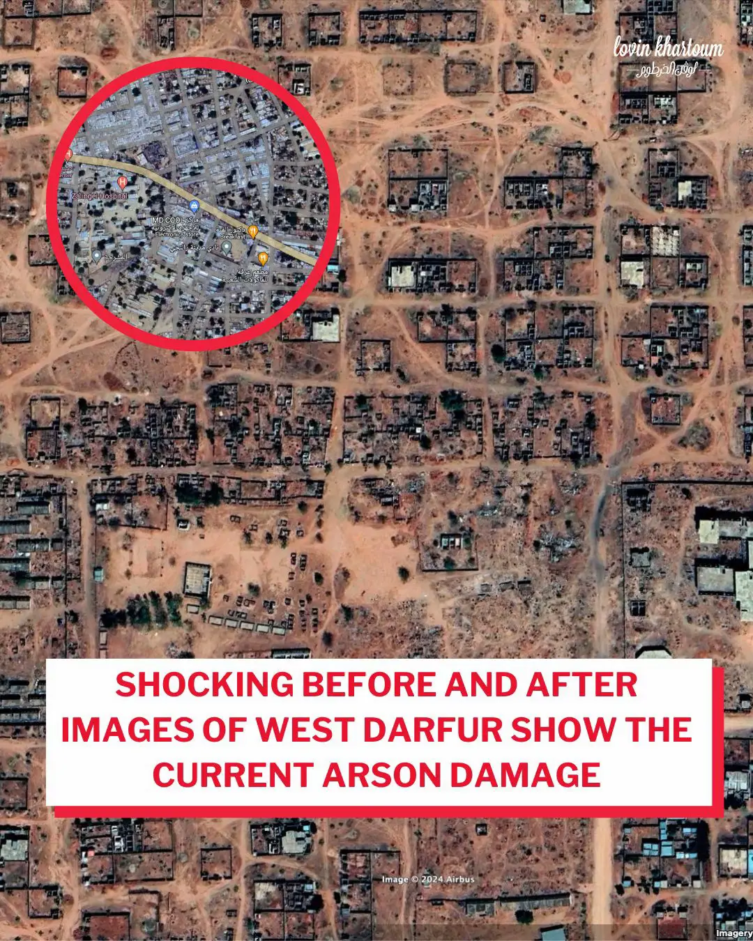 Shocking satellite updates from Google Earth reveal the stark reality of destruction across Sudan. Swipe for a look at the devastation in El Geneina, West Darfur, as entire areas now lay damaged and cleared amidst the ongoing violence.  Read more on lovin.co/khartoum  #lovinkhartoum #lovinsudan #lovinjuba #mysudan #sudan #sudanese 