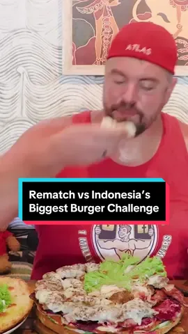 I’m having a rematch vs this 12 inch GIANT burger, the biggest in Indonesia! It has 7 burger patties, topped with cheese, bacon, and lots of healthy fruits and vegetables! I have ONLY 30 minutes to finish! #foodchallenge #randysantel #fyp #foryou #giant #burger #manvsfood #eating #contest 