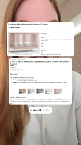 ⚠️ recall alert ⚠️ the US CPSC and Health Canada have both issued recalls on the Crate & Barrel Hampshire crib. The pins that support the mattress can fail, causing the mattress to fall. If you have one of these cribs, please stop using it immediately. Visit CPSAC.gov/recalls or recalls-rappels.canada.ca for details on how to remedy the situation as a consumer with Crate & Barrel. #recalls #crateandbarrel #babysafety #safesleep #cribsafety #childsafety #safebeginnings 