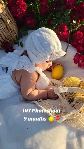 Did this in my mom's backyard!🌹😍 I kept it simple by using what we already had. The basket is my sisters, and I already had lemons. 🍋  Loved the outcome! 😍🌹 #milestoneshoot  #diyphotoshoot #babyphotoshoot  #photoshootideas #momvlogs #sahmlife #momof2 #fypシ゚viral #paratii #viraltiktok 