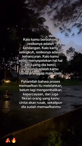 Kalo kamu berbohong  resikonya adalah kehilangan. Kalo kamu selingkuh, resikonya adalah kehancuran. Kalo kamu selalu menyepelekan hal hal kecil yang dia benci, resikonya adalah kamu cuma di anggap main-main. Pahamilah bahwa proses  memaafkan itu melelahkan, belum lagi mengembalikan kepercayaan, dan juga fikiran orang yang kamu cintai akan rusak, sekalipun dia sudah memaafkanmu