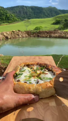 The best minced meat chese eggs pizza on a beautiful hill 🏕️🌳🍕💦🔥🥩 #campfire #cooking #food #asmr #outdoorcooking #indonesia #tiktok #viral 