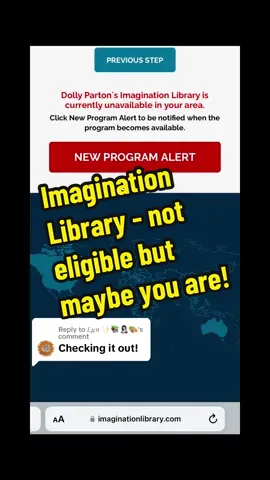 Replying to @𝐿𝓎𝓃 ✨📚🤱🏻🎨 bummer but hopefully somebody who sees this is eligible! (Check out original video for info) @Imagination Library https://imaginationlibrary.com/check-availability/