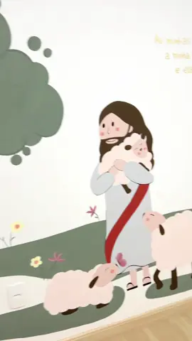 Uma pintura sobre Jesus e suas ovelhas. 🌷🐑 #pintura #arteemparede #pinturainfantil #jesus #ovelhas #arte 