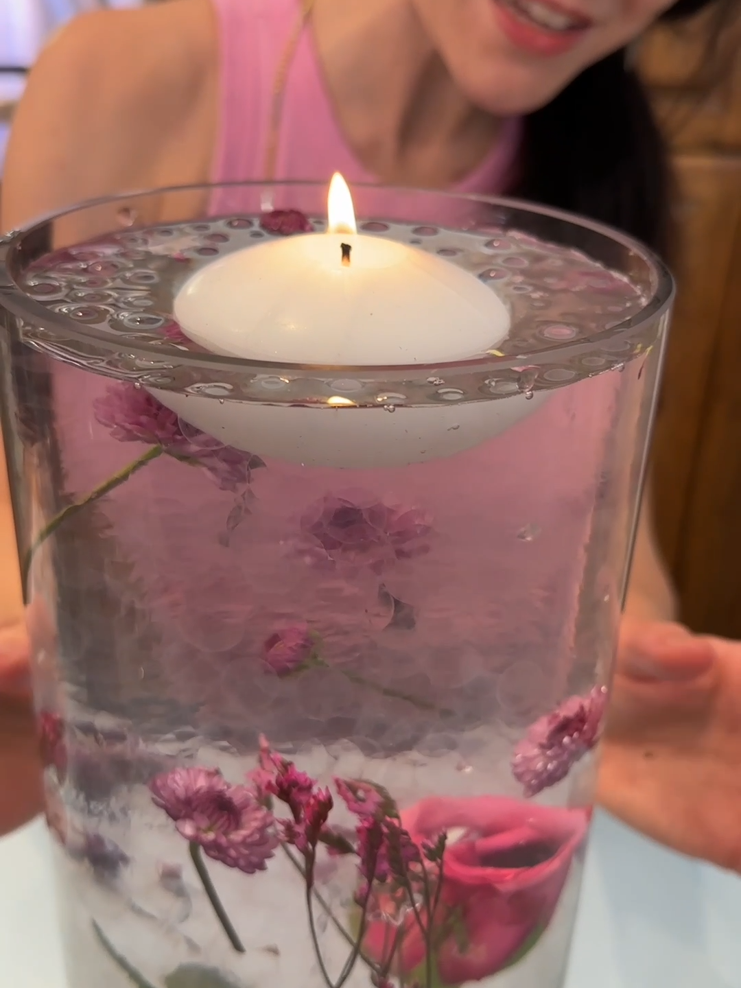 when she pours the water, the centerpiece looks beautiful! #rose #centerpiece #flower #roses #orbeez #mothersday #partydecor #weddingdecor #partyideas #stunning #crafts #crafty #candles #floatingcandles produced by JackyHasFun