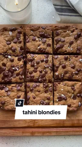 save these CHEWY GOOEY TAHINI BLONDIES (vegan & gf)🍪🫶🏼 Ingredients: 2 cups almond flour 1/2 teaspoon baking soda 1/4 teaspoon salt 1 cup tahini 1/2 cup coconut sugar 1/4 cup unsweetened almond milk 2 tosp maple syrup 1 teaspoon vanilla extract 1/2 cup vegan chocolate chip Instructions: 1. Preheat your oven to 350°F (175°C). 2. Line an 8x8 inch baking pan with parchment paper 3. In a large baking bowl, mix tahini, coconut sugar, almond milk, maple syrup and vanilla extract. Mix until smooth and well blended. Then, add the almond flour, baking soda, and salt. Mix well. 4. Fold in the vegan chocolate chips. 6. Add the batter into the prepared pan and smooth the top with a spatula. 7. Bake for 20 minutes, or until the edges are golden and a toothpick inserted into the center comes out clean. 8. Let the blondies cool in the pan. 9. Lift out of the pan using the parchment paper and cool completely before cutting into squares. 10. Enjoy 🤎 #EasyRecipe #blondie #baking #glutenfree #dairyfree 