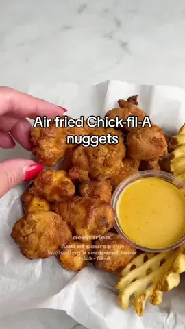 Plus a recipe for their chick fil a sauce! Recipe is linked in my bio, search “nuggets” on my site #chickfilanuggets #airfriedrecipe #airfryerrecipes #nuggets #airfriednuggets #copycatrecipe 