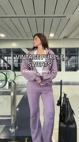 RELEASING TOMORROW: @nikkkkes wearing The Purple Edit on-the-go ☁️ She wears Vintage Purple in the Structured Wide Leg Sweatpants (size medium/long), Boyfriend Zip-Up Hoodie & White T-Shape Tank Top (size small).  #airportoutfit #purple #waystowear #springcollection #sweatpants #sweaterstyle 