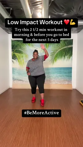 Try this two and a half minute workout before you go to bed and when you get up in the morning, for the next five days.  #thickchickfitness #lowimpactfitness #exerciseforbeginners #plussizeexercises #lowimpactworkout #getactive #bemoreactive 