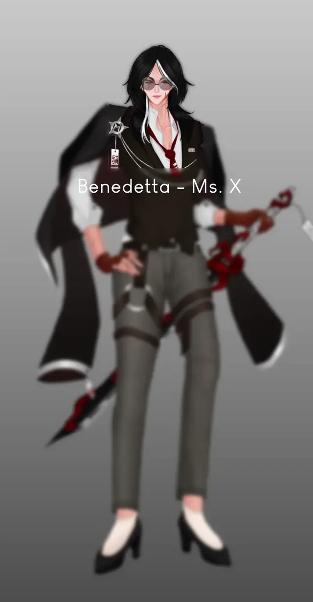 woman in suit + wolf cut + black sunglasses?!!!!UGGHHH IM DYING RN!! here my fan design for benedetta~~ the theme was a detective who specializes in solving supernatural cases. and maybe with some exorcise spice 😘 #mobilelegends #mobilelegends_id #skindesign #benedetta #ml #skindesign #mlbb #mlbbskinsurvey #bened #benedettatiktok #mlbbskindesign 