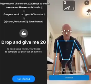 Using computer vision to do 20 pushups to unlock more screentime on social media. Everyone would be ripped in 3 months. [ @soren_iverson on X | Soren Iverson] #ai #fyp #robots #innovation #workout #workoutmotivation 