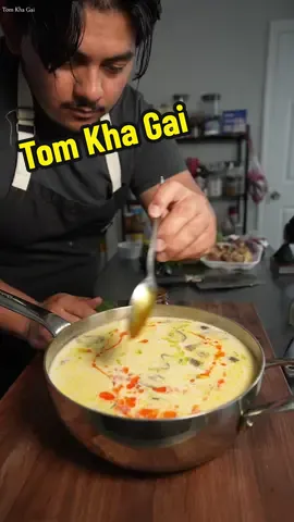 Let me hug you, not a real hug but a soupy one. Tom Kha Gai is a citrusy and spicy soup made with tender chicken and love. #thaifood #soup #tomkhagai  here's the recipe so you ain't all over the place.  32oz chicken stock 3 stocks of lemon grass (cruched,sliced) 2inch knob Galangal 8 kaffir lime leaves 2lbs chicken thighs 8oz sliced mushrooms 2 cans coconut milk 5 thai chilis 4tbsp palm sugar 6tsp fish sauce 2oz fresh lime juice 5 sprigs cilantro 5 sprigs thai basil 2Tbsp chili oil