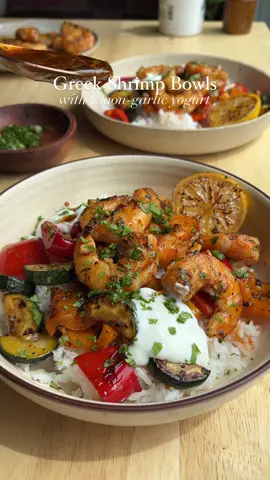 Greek Shrimp Bowls with Lemon-Garlic Yogurt - recipe linked in my bio! #healthyrecipe #mediterraneandiet #healthydinner #DinnerIdeas 