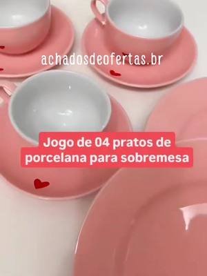 Jogo de 04 pratos de porcelana para sobremesa Lamour Rosa 19cm {Achadinho Shopee} Lindo demais né? 🌸 Quer garantir o seu? Digite 