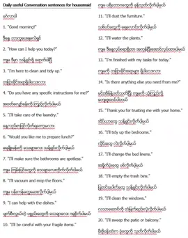 Housemaid လေးတွေအတွက် နေ့စဥ်စကားပြောလေးများ... ဒူဘိုင်း တို့ အိုမန် တို့ Singapore တို့ကို ကိုယ်တိုင်သွား အလုပ်ရှာမယ့်သူလေးတွေ စကားပြောလေးတော့ရနေမှရမယ်နော် သင်တန်းတက်ချင်တယ်ဆိုရင် ၆ လပိုင်း လဆန်းမှာ ဖွင့်ပေးပါမယ် သင်တန်းကာလ ၁လ သင်တန်းကြေး ၃ သောင်း အပတျစဥျ တနလျာ အဂျါ ည ၈း၃၀ မှ ၉း၃၀ ထိ Zoom Application လေးသုံးပြီး Face to face သင်ကြားမှာဖြစ်ပါတယ် လေ့လာရမယ့် အကြောင်းအရာတွေက..  🔸️Myself   🔸️Myself နဲ့ပတ်သတ်ပြီး Conversation 5 ခု  🔸️At work နဲ့ပတ်သတ်ပြီး Speaking Patterns   🔸At work ️Conversation 5 ခု 🔸️ နေ့စဥ်သုံးစကားအတိုအထွာ သင်ခန်းစာများ ၇ ခု 🔸️ နေ့စဥ်စကားပြော Conversation 5 ခု 🔸️ Interview Questions Practice  Basic Speaking အတန်းလေးကိုက ခုမှ အဂ်လိပ်စကားလေးတော့ တတ်ထားမှဖြစ်မယ် ဘယ်ကစလေ့လာရမယ် သင်တန်းတွေကများလိုက်တာ Video Class တွေဆို ကိုယ်တိုင်လုပ်မှရတာ ရမှာမဟုတ်ပါဘူး ဆရာမပြ နည်းမကျဖြစ်နေပါ့မယ် ဆရာနဲ့ပဲ မျက်နှာချင်းဆိုင်လေး သင်ချင်တာ သင်တန်းကြေးကလဲ အများကြီးမတတ်နိုင် အချိန်လည်း အများကြီးမပေးနိုင်ဘူး အလုပ်လည်း မပျက်ချင်ဘူး အခြေခံကို စနစ်တကျလေး လေ့လာချင်သူများအတွက် လေ့လာရမယ့်သင်တန်းလေးဖွင့်ပေးလိုက်ပါပြီ ဘာတွေလေ့ဘာရမှာလဲ...  1. Greeting and Saying Goodbye 2. Introduction Myself 3. Conversations of Greeting and Saying Goodbye 5. Names of Fruits, Foods, and Drinks 4. Furniture, Medicine and Parts of the body 5. Go Shopping 6. Asking Directions 7. At the Airport 8. At the hospital 9. At work 10. At the clothes shop 11. At the shoes shop 12. At the food stall 13. At the bus stop 14. At the restaurant  15. I want to + ... 16. I would like to + .... 17. Am/is/are + Ving 18. Names of the places and jobs 19.  Names of the Clothes and Transportation  20. At the market and Vegetables and Meat စတဲ့ သင်ခန်းစာတွေကို စကားပြောလေးတွေ ၅ ခုပါဝင်တဲ့ သင်ခန်းစာတွေကို လေ့လာရမှာဖြစ်ပါတယ် စကားပြော Patterns တွေကိုလည်း အထူးတလည်လေ့လာစရာမလိုအောင် သင်ကြားပေးမှာဖြစ်ပါတယ် ဘယ်လိုသင်မှာလဲ Main Topic ကို အရင် ဆရာမနဲ့လေ့ဘာမယ် လေ့ကျင့် အချင်းချင်းအပြန်အလှန်လေ့ကျင့်မယ် သိထားတဲ့စကားလုံးတွေ အစားထိုးပြောမယ် သူများပြောတာတွေနားထောင်မယ် ဒီလိုနဲ့စာကျက်စရာကိုမလိုတော့ပါဘူးနော် သင်တန်းရက်တွေက  အပတ်စဥ် တနလ်ာ အဂ်ါ  ည ၉း၃၀ မှ ၁ရး၃၀ ထိ၊  သင်တန်းကာလ ၂ လတာ၊  သင်တန်းကြေးက တစ်လ ၃သောင်းပါ မြန်မာ အဂ်လိပ် ၂ ဘာသာရေးထားတဲ့ Pdf file လေးတွေပေးပါမယ် သင်တန်းကြေးကို ဘယ်လိုပေးရမလဲ တချို့ မောင်လေး ညီမလေးတွေက သင်တန်းကြေးများရင် မတက်နိုင်ဘူးဆိုလို့ ၂ ခါ ခွဲပြီးပေးပေါ့နော် ဒါဆိုအဆင်ပြေမလား အဆင်မပြေရင် သီးသန့်လာပြောလိုက်ပါနော် စိတ်ဝင်စားတယ် ဆိုရင် Page Messenger/Telegram/Viber/Phone 09955940540 သို့ ဆက်သွယ်စုံစမ်းမေးမြန်းကာ စာရင်းပေးသွင်းနိုင်ပါတယ် ကျေးဇူးပါ #englishspeaking  #GenerousEnglishForAll #foryou #titokmyanmar 