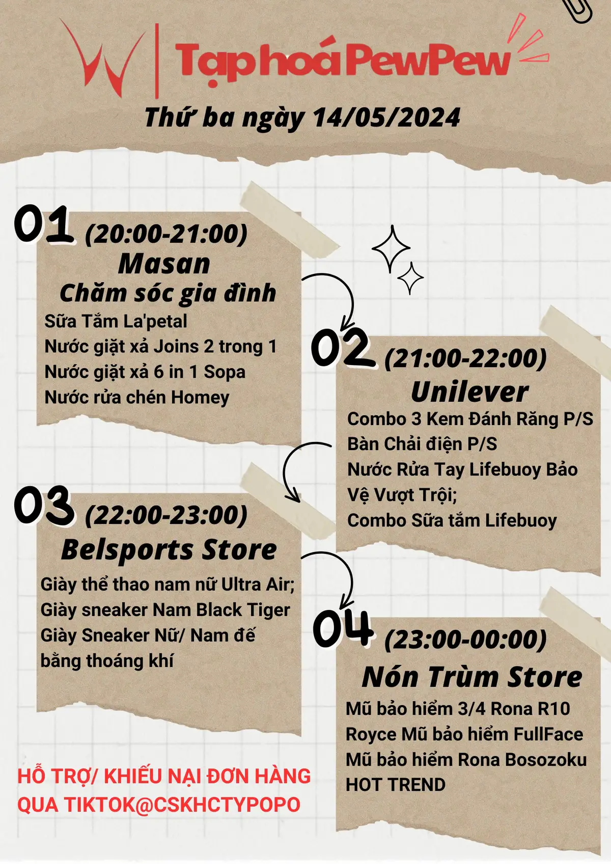 Tạp Hoá PewPew sẽ thông báo lịch livestream đến Khách hàng/ Khán giả theo tuần vào khung giờ cố định lúc 20:00-00:00 Tuần này sẽ có 2 phiên live mix vào Thứ ba ngày 14/05 và Thứ bảy ngày 18/05 với đủ các mặt hàng, sản phẩm đa dạng và rất nhiều Voucher/ Quà tặng đến từ Brand và TikTokShop.  Rất mong Khách hàng/ Khán giả có thể theo dõi thông tin cũng như ủng hộ Tạp Hoá PewPew. Trân trọng cảm ơn và chúc mọi người có một ngày tốt lành! #pewpew #taphoapewpew