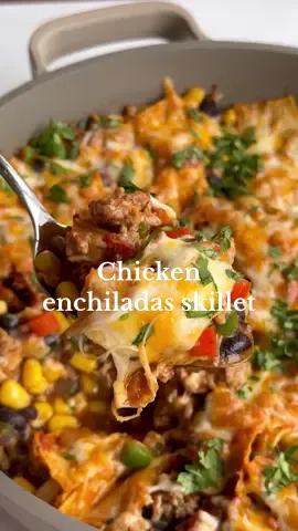 Chicken Enchiladas Skillet!😍 Welcome back to episode 8 of nourish in 30. A series where I’m sharing easy and nourishing recipes ready in 30 minutes or less. Today we’re making a ground chicken enchiladas skillet for a delicious one pan meal packed with over 40 grams of protein per serving!👏🏻 Share this with a friend who would love it and follow @choosingchia for more easy healthy recipes! Grab the full recipe below. CHICKEN ENCHILADAS SKILLET Ingredients: -1 tbsp avocado oil -1 onion, chopped -1 red bell pepper, chopped -1 jalapeno pepper, chopped -1 pack ground chicken (approx 450 grams) -2 tsp chill powder -1 tsp garlic powder -1 tsp onion powder -1/2 tsp cumin powder -1/2 tsp salt -1/2 tsp black pepper -1 1/2 cups black beans -1 cup corn kernels -1 jar red enchilada sauce (about 1 1/2 cups) -4-6 tortillas, cut into squares -1/2 cup shredded cheese -Cilantro to top How to: Heat the avocado oil in a large skillet on medium-high heat. Add the onion and peppers and sauté for 2-3 minutes. Add the ground chicken and cook until browned on the bottom for 3-4 minutes. Add the spices and mix. Saute until the chicken is cooked. Add the beans, corn, and enchilada sauce and mix. Add the tortillas and shredded cheese and broil in the oven until the cheese is bubbly. Top with fresh cilantro. TIPS: -Feel fee to adjust the suggested measurements as needed! (Ex: If you like more cheese add more! If you don’t like beans, leave them out.) -Serve alone or serve over rice or quinoa. #enchiladas #enchiladaskillet #onepanmeal #highproteinmeals #30minutemeals #healthydinner