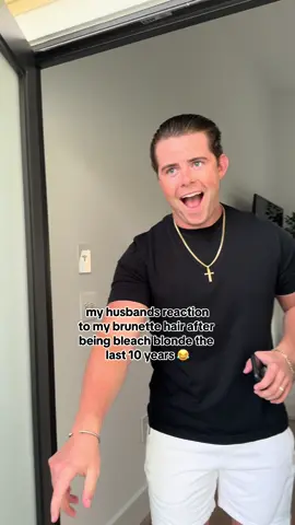 literal PURE SHOCK 😂 #hairtransformation #blondetobrunette #hubbyreaction #fyp 