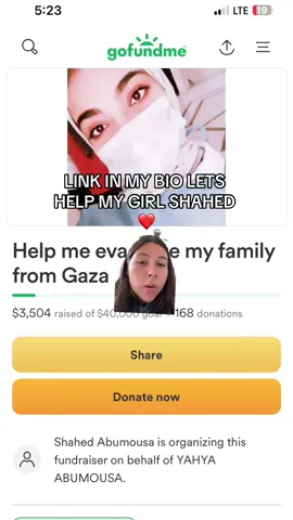 Help my friend @Shosh Hatem get her and her family to safety ❤️  Dont be discouraged if you cant donate, someone on your feed most likely can. Every time you repost or share these videos, you increase the likelihood of life and safety for Shahed and families just like hers.  thank you for all those that have helped on my other socials already- lets get to work 🤝