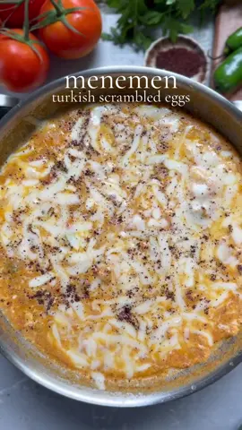 Manemen ( Turkish scrambled eggs) 🍳 Ingredients  5-6 eggs 5 large tomatoes ( skin peeled and chopped) 1 green bell pepper or 2 anaheim pepper, seeded and chopped  Salt and pepper to taste  1 tsp red chili flakes or more to taste 2 tbsp butter  1 tsp sumac , optional  1 cup mozzarella cheese  Method: In a skillet on medium heat add butter, once the butter is melted add pepper, sauté for 30 seconds. Add tomatoes, season with salt pepper and red chili flakes. Cook the tomatoes on medium heat while Mashing them with the mashed until nice and smooth for 3-4 minutes. Lower the heat to medium low and crack in the eggs. Mix the eggs until scrambled and top it with cheese. Cover and cook for additional 3-4 minutes on low until eggs are cooked and cheese is melted. Garnish with sumac powder. Serve with bread and enjoy warm. #menemen #turkisheggs #scrambledeggs #Recipe 