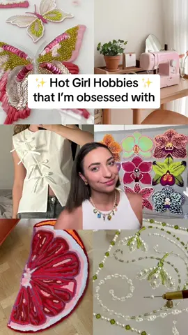 Replying to @the taurus goddess🫧  These are some crafty hobby ideas that I am obsessed with but havent tried yet. These are definitely more advanced and expensive than my other hobby videos but great for girls who have already tried a lot of hobbies and want to try something new. #hobbyideas #hobbies #sewing #thriftflip #tambourembroidery #beadedembroidery #upcycling #rugtufting #greenscreen 