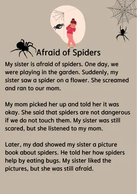 Afraid of Spiders #afraidofspiders #spider #fory #fyp #foryourpage #english #englishlesson #LearnOnTikTok #englishstory #learnenglish #dailyenglishpractice #dailyenglish #englishteacher 