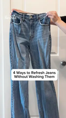 4 ways to refresh your jeans when you simply don't want to bother with throwing them in the wash! 👖What are your go-to hacks for freshening up your denim between washes?  #hacks #fashionhacks #jeans #denim 