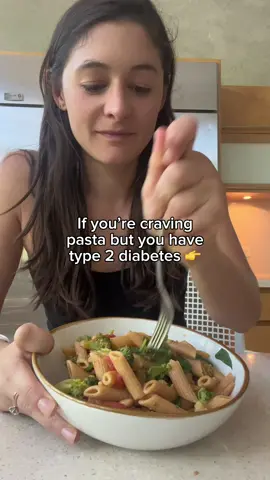 If you’re craving pasta but want to control your blood sugar, then follow our hacks 👇🍝 1️⃣ Make pasta primavera! 🥦🥬🍅Meaning add lots of veggies to your pasta, I added onions, garlic, broccoli, tomatoes, and spinach to mine. I used some olive oil, nutritional yeast, and a little pasta water as my sauce but you can of course use tomato sauce. 2️⃣ Use a bean based pasta! Like chickpea or lentil. It’s higher in protein and fiber, making it more blood sugar friendly. If you really don’t like bean pasta, whole wheat pasta is a great option! Just add a lean protein source for even more blood sugar control. 3️⃣ Start your meal with a salad and a vinegar-based dressing - both of which have shown to improve post-meal blood sugar control. Want even more tips and recipes? Head to the link in our bio and grab our FREE starter guide and meal plan  #type2diabetes #bloodsugar
