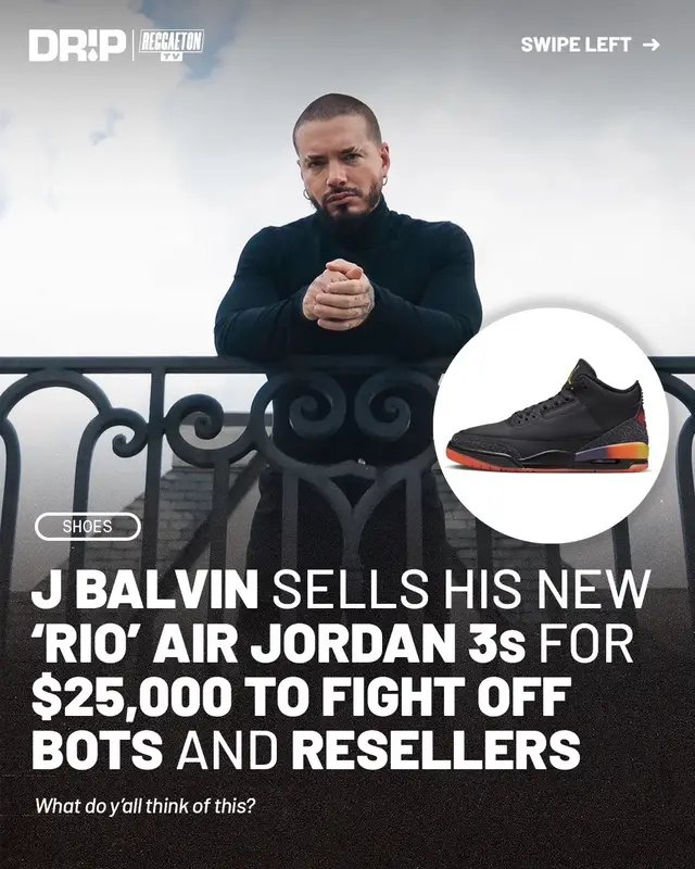 J Balvin released his new ‘Rio’ Air Jordan 3s for $25,000 on his website in an effort to deter bots and resellers 👀🚫 Buyers who spent $100 on merch received a discount code, reducing the price to $250 at checkout. #JBalvin #SneakerTok #Sneakerhead #SneakerCommunity #AirJordan #SneakerNews 