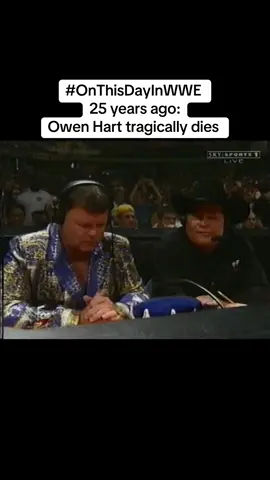 Owen Hart dies after falling 78 feet when a stunt goes wrong at the Over the Edge PPV. He was only 34. Jim Ross somehow has to manage to explain to viewers what happened: 