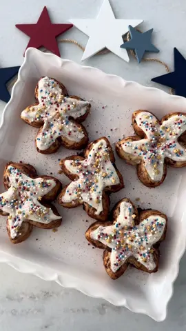 GO to my Profile + tap 🔗 + type “Star Cinnamon Rolls” into the search bar.  These Star Cinnamon Rolls are a super easy last-minute 4th of July breakfast, brunch, or dessert treat! In hindsight, I probably should have spread the icing a little better so that each of the 5 points on the star looked more shapely. But honestly, I'm not sure if it mattered too much to my 2-year-old what they looked like, he just wanted to eat them. And well, so did I! I couldn't decide on what red, white, and blue sugar sprinkles I wanted to use, so I ended up choosing a variety, including gold stars, to top these Star Cinnamon Rolls. And if you love these sprinkles, I have 2 more Independence Day-inspired sweet treats using the same sprinkles! What's your favorite 4th of July sweet treat?
