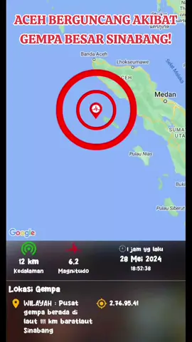 Informasi : Telah terjadi Gempa bumi berkekuatan Magnitudo 6.2 di Sinabang,Simeulue,Aceh pada hari Selasa,28 Mei 2024 sekitar Pukul 18.52 WIB. #peristiwa #fenomenaalam #bencanaalam #gempa #gempabumi #sinabang #sinabangaceh 