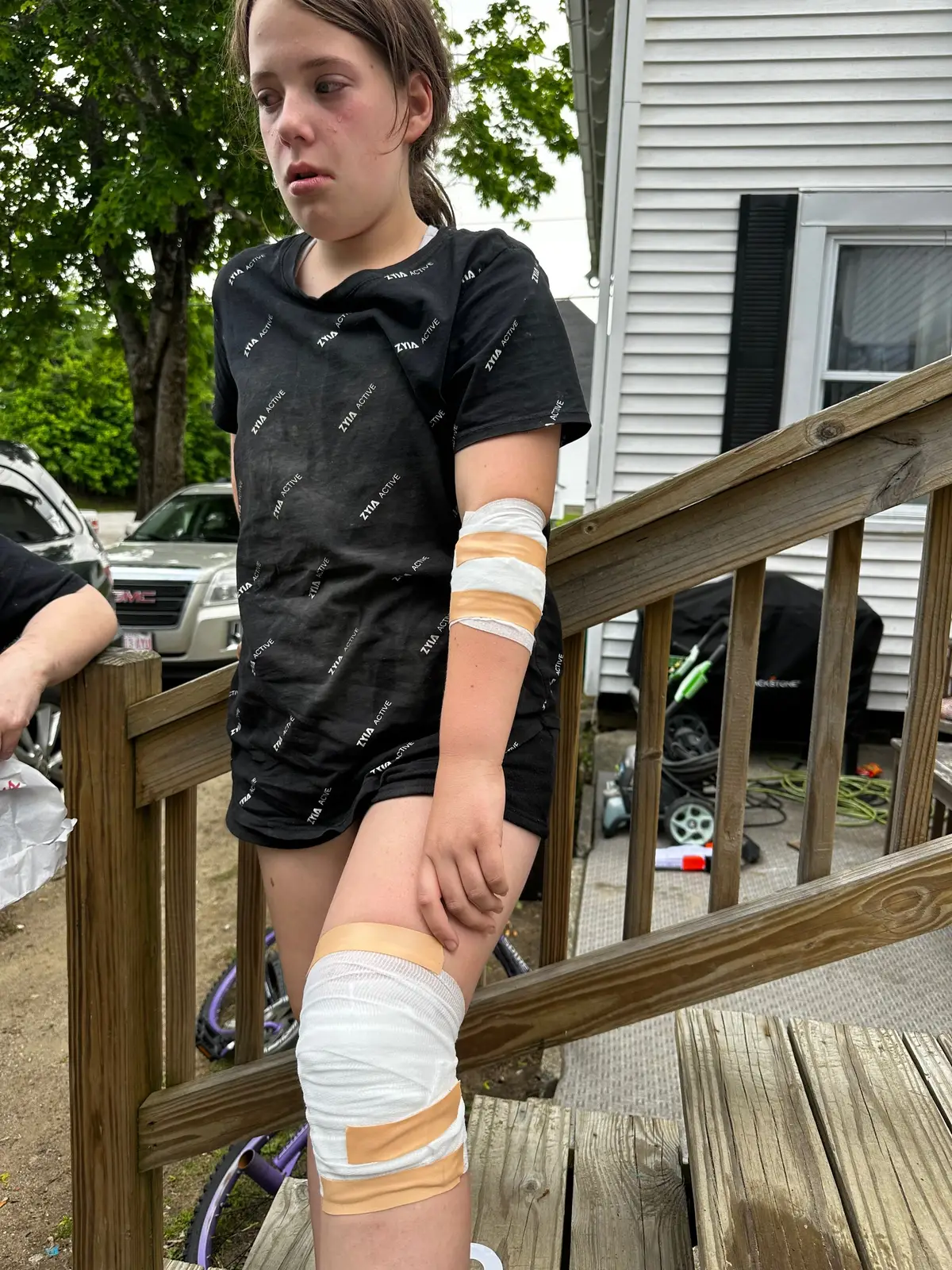 Poor kiddo took one heck of a digger off her new bike. Road rash and skun up good 🤦🏼‍♀️😣 