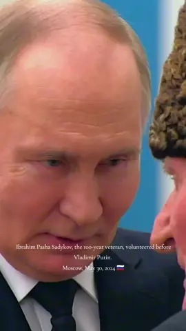 100-Year-Old War Veteran Ibrahim Pasha Sadykov Shares His Love for Russia with Vladimir Putin In the Catherine Hall of the Kremlin in Moscow, Russian President Vladimir Putin awarded the Hero of Russia star to 100-year-old Dagestani veteran Ibrahim Pasha Sadykov. The former frontline soldier was honored for his bravery and heroism during World War II and his significant contribution to the patriotic education of the youth. During the ceremony, Sadykov shared with Putin his unwavering love for Russia and expressed his desire to volunteer despite his age, saying, 