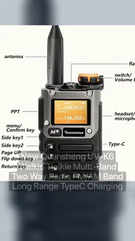 New Quansheng UV-K6 Walkie Tlalkie Multi-Band Two Way Radio FM/AM Band Long Range TypeC Charging Support Frog Tail MDC1200 Audio Communication Only ₱1,195.00!