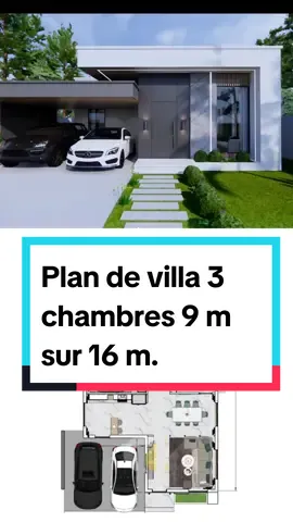 plan de maison 3 chambres 9m sur 16m. #architecture #construction #maison #homedesign #homedecor 