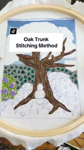 Stitching the trunk for the oak tree in this piece was super simple! Using four different colors of thread and alternating outline and stem stitch I was able to create just the right color gradient and texture 🪡 🌳 #embroidery #broderie #embroideryartist #threadpainting #needlework #oaktree #artprocess #embroideryskills #cottagecore #embroiderytutorial #stitchwitch 