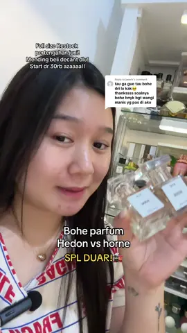 Replying to @jaewik PARFUM MANIS NYA BOHE 😆 restock tengah juli ya full sizenya. Jd skrg borong yg decant dl aja sambil cobain suka yg mana 😚🫶🏻 #bohe #parfumtahanlama #parfumbohe #zior #bohebali #perfumetok 