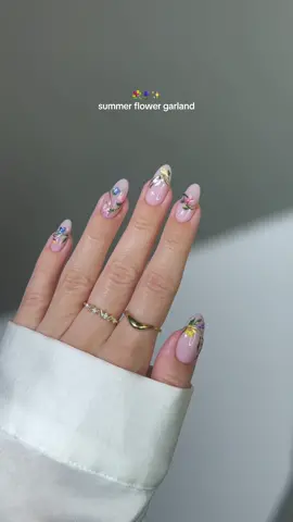 💐✨ In full summer bloom with this colorful flower garland 🌸🪻 I used @sweetienailsupply embo powder to thicken all gel colors / For 10% off use code: AISTE  All colors are also linked on my amzn in the bio  inspo: @safinailstudio  —— (affiliate) #nails #nailart #nailinspo #colorfulnails #flowernails #summernails blue pink yellow purple bright nails , almond nails, nail art tutorial, gold 3D nail design tutorial 
