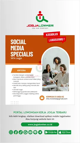 Info loker Jogja terbaru hari ini untuk posisi: SOCIAL MEDIA SPECIALIST Share & ajak temenmu untuk bekerja 😁 Download aplikasi mobile Jogjalowker di Play Store / App Store untuk akses lebih mudah dan cepat (link di bio) 😍 #jogjalowker #loker #lowongankerjajogja #lokerjogja #lokersleman #lokerbantul #lokeryogyakarta #lokergunungkidul #lokerkulonprogo #lokerjogjaterbaru #jobfaireveryday 