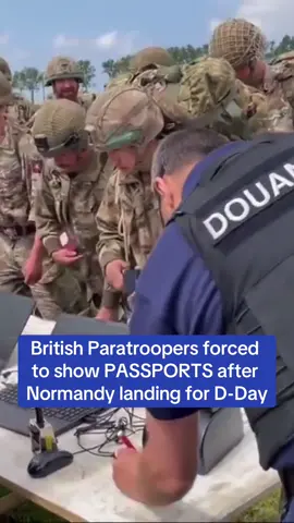 British paratroopers were met by French customs officials as they landed in Normandy for the 80th anniversary of D-Day. Footage shows the troops landing in a French field carrying their heavy bags, only to be forced to show their passports and documents to waiting officers. #army #military #dday #passport #border #news #uknews #paratrooper 