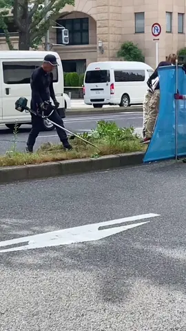 清晨上班的路上遇到绿化工人在除草，一个人除草、一个人拿帘子挡着，防止杂草乱飞#街拍#日本#绿化工人