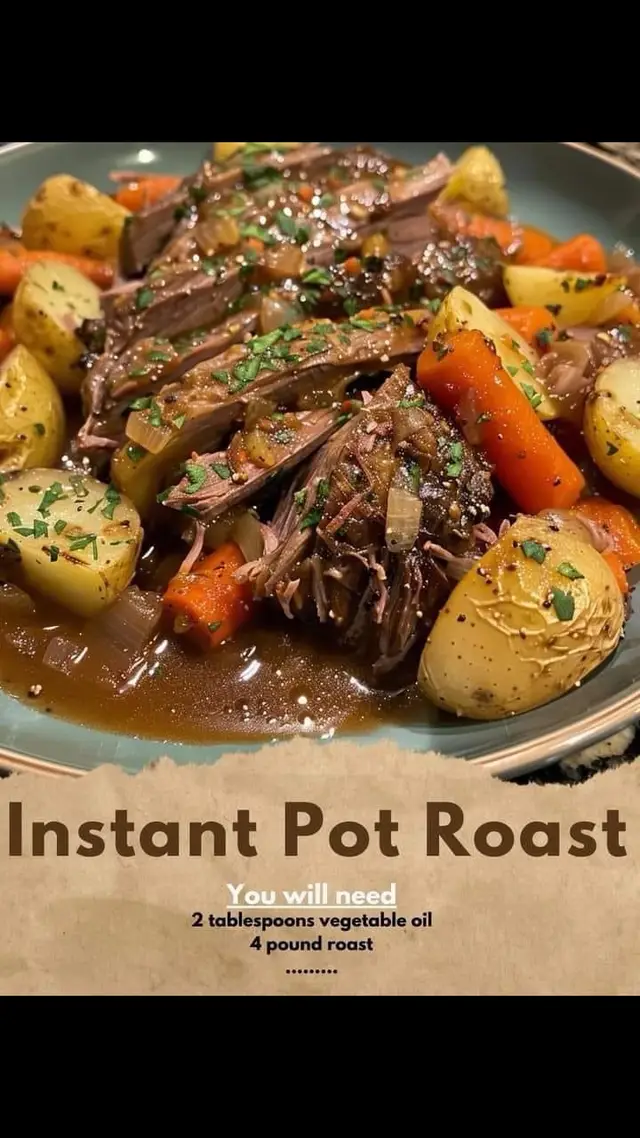 Instant Pot Roast Ingredients 2 tablespoons vegetable oil 4 pound roast 1/2 teaspoon salt 1 package dry onion soup mix 2 tablespoons tomato paste 2 cups beef stock or beef broth 1 large white onion cut into large chunks 2 cups potatoes peeled and cut into large pieces 1 cup carrots cut into chunks Gravy 1/4 cup water 2 tablespoons cornstarch 2 tablespoons cream optional Instructions Pot Roast and Vegetables Bring the roast to room temperature and lightly salt both sides. Set your Instant Pot to sauté. Heat the vegetable oil and brown both sides of the roast (about 6 to 7 minutes per side). Add the onion soup mix, the tomato paste, and the beef stock or broth. Set your Instant Pot to high pressure (it defaults to high) for 60 minutes. Perform a quick release and then add the onion, potatoes, and carrots. Set your Instant Pot to high pressure for 4 minutes, then perform a quick release. Gravy Use a strainer to remove any bits of vegetables and herbs from the liquid. Select the sauté setting and choose high heat. Bring the liquid to a boil and cook until reduced by a quarter, about 2 to 5 minutes. Whisk the cornstarch and water together and slowly whisk it into the liquid. Continue boiling until the gravy thickens. For a creamier gravy, add cream. Turn off the pressure cooker, and season the gravy to taste.  #recipesforyou 