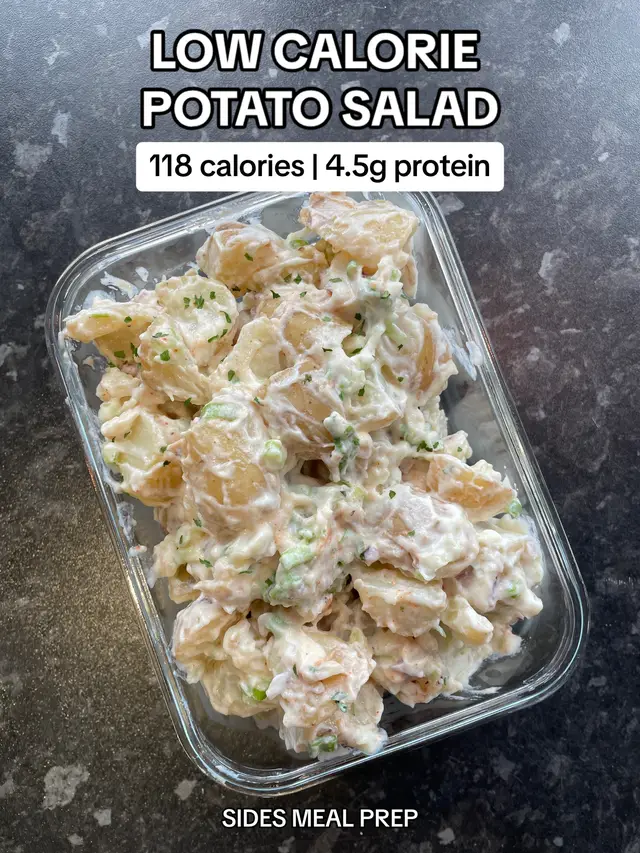 Makes the perfect side or 2 larger portions for lunch and then you can add your protein! Quick, easy meal prep 🥰 INGREDIENTS:  * 20g red onion  * 2 spring onion * 80g light mayo  * 75g 0% fat Greek yoghurt  * 3g mustard  * 450g potatoes (weighed raw & unpeeled)  For two portions: 237 calories, 9g protein For 4 servings: 118 calories, 4.5g protein per serving  #potatosalad #lunchmealprep #lowcalorie #caloriedeficitmeals #lunchrecipe 
