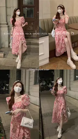 KOREAN SQUARE NECK SHORT PUFF MIDI DRESS WITH SIDE SPLIT>>> PREMIUM #koreandress #mididress #dresswanita #longdress 