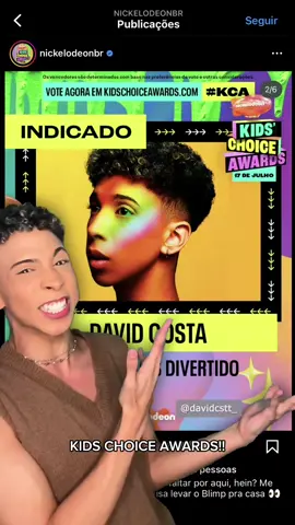 AAAAAAA EU TÔ MUITO FELIZ!!! Fui indicado pela primeira vez pra uma premiação e foi logo no #KidsChoiceAwards 🥺💖💖! Pra votar em mim é só clicar no link da bioooo, aaaaaaa muito obrigado!! 😭💕