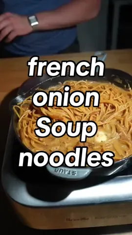 ONE-PAN FRENCH ONION SOUP NOODLES  It’s been one year since i originally shared! Ingredients: 2 tbsp olive oil 3 sliced onions (can be all yellow or a mix of yellow and red) 1 cup white wine 2 tsp kosher salt (probably will need more after tasting) 2 tsp herbes de Provence  1 tsp freshly ground black pepper 8 cloves garlic, chopped  1 lb spaghetti  2 cups HOT beef broth (can use better than bouillon) 2ish cups additional HOT water (as needed) 8 ounce cubed Swiss cheese or gruyere  2 tbsp butter 1 head parsley, chopped Heat the olive oil in a large skillet (high sides) over medium heat. Add the onions, white wine and kosher salt. Raise heat to high, and cook until the wine evaporates.  Lower the heat to medium-low, and add the herbes de Provence and black pepper. Cook 30 minutes, stirring every once in a while, then add the garlic. Cook an additional 30 minutes over medium-low heat, until the onions are caramelized.  Add the spaghetti to the skillet and the hot beef broth. Raise the heat to medium-high and simmer. It will take around d 5 minutes for the spaghetti to loosen enough to mix.  When the broth nearly evaporates, continue adding hot water, mixing, and simmering, until the pasta is nearly cooked al dente, 12-15 minutes. (It takes longer with this method). Add the cheese and cook either on low or with the heat turned off, mixing a lot to let it melt in. Then add the butter and parsley and mix. Taste for saltiness — it will likely need a handful and that makes ALL the difference.  #FRENCHONIONSOUP #frenchonionsoupnoodles #FRENCHONIONSOUPPASTA #pasta #noodles #caramelizedonions #onepotpasta  #creatorsearchinsights 