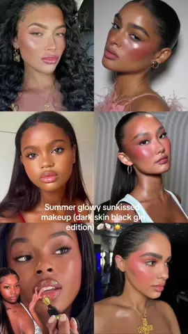 Glowy dewy makeup for summer >>> 🥥🐚☀️ 🥰 Products used: @Murad Skincare cellular hydration repair cream + @coverfx custom enhancer drops in ‘sunlight’ @e.l.f. Cosmetics power grip primer @Fenty Skin hydra vizor huez tinted moisturizer in shade 7  @Too Faced born this way concealer in butterscotch @madebymitchell curve case in deep @Juvia’s Place blushlighter liquid blush in perky poppy glow + barbie rose glow  @Huda Beauty @hudabeautyshop easy bake setting powder in blondie @NARS Cosmetics laguna bronzer in laguna 7 @Haus Labs by Lady Gaga color fuze blush in watermelon bliss + dragon fruit daze Haus labs Highlighter in sunstone +pink amethyst @Fenty Beauty gloss bomb in riri @SACHEU Beauty US lip stain in pink-ed   #blackgirlmakeup #makeup #beauty #makeuptutorial #summermakeup #makeuphacks #grwm 